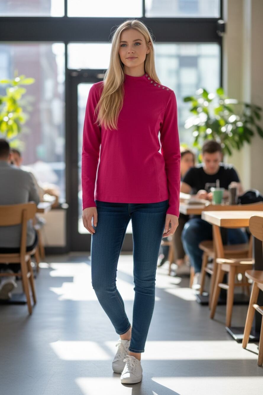 EDDIE BAUER Top Size M Cotton Stretch Long Sleeve Mock Neck Fuchsia w/ Buttons